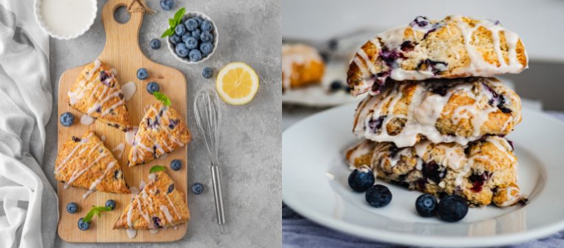 Photos showing blueberry scones to go with the recipe, one of the site's gluten free baking recipes.