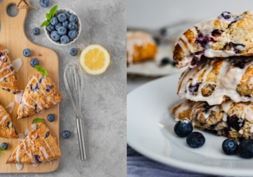 Photos showing blueberry scones to go with the recipe, one of the site's gluten free baking recipes.
