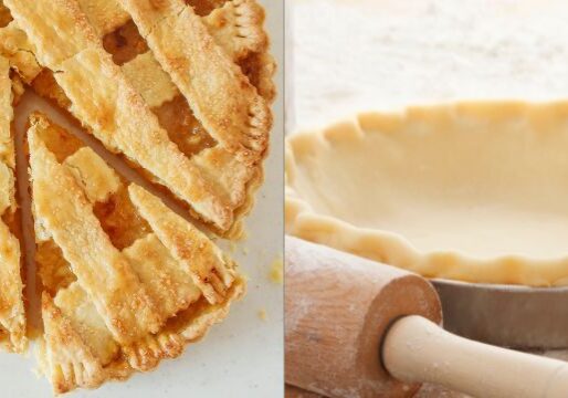 Photos of a pie crust being made (and finished), one of the website's gluten free baking recipes.